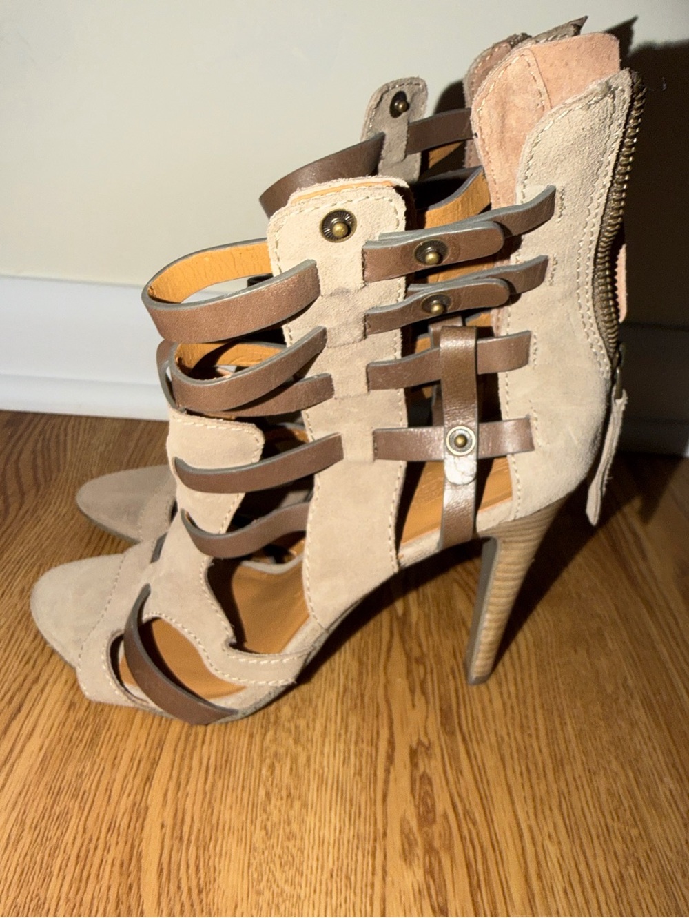 Beige Suede Strappy High Heel Sandals with Brown Accent Straps